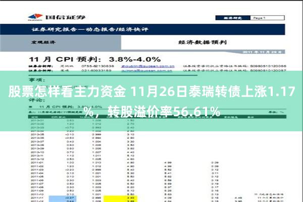 股票怎样看主力资金 11月26日泰瑞转债上涨1.17%，转股溢价率56.61%